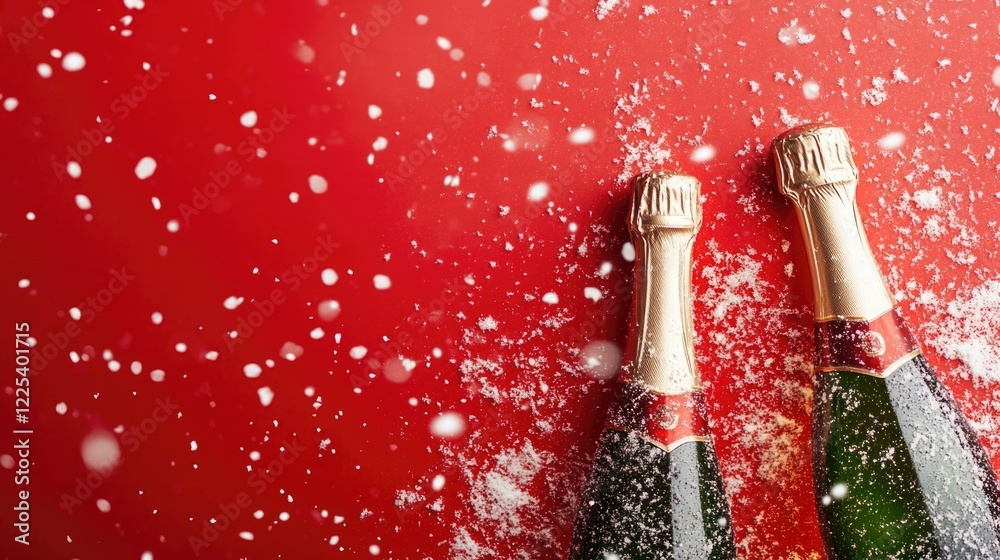 Fototapeta premium Santa Claus toasting with champagne bottles on vibrant red backdrop surrounded by falling snowflakes, capturing festive celebration spirit