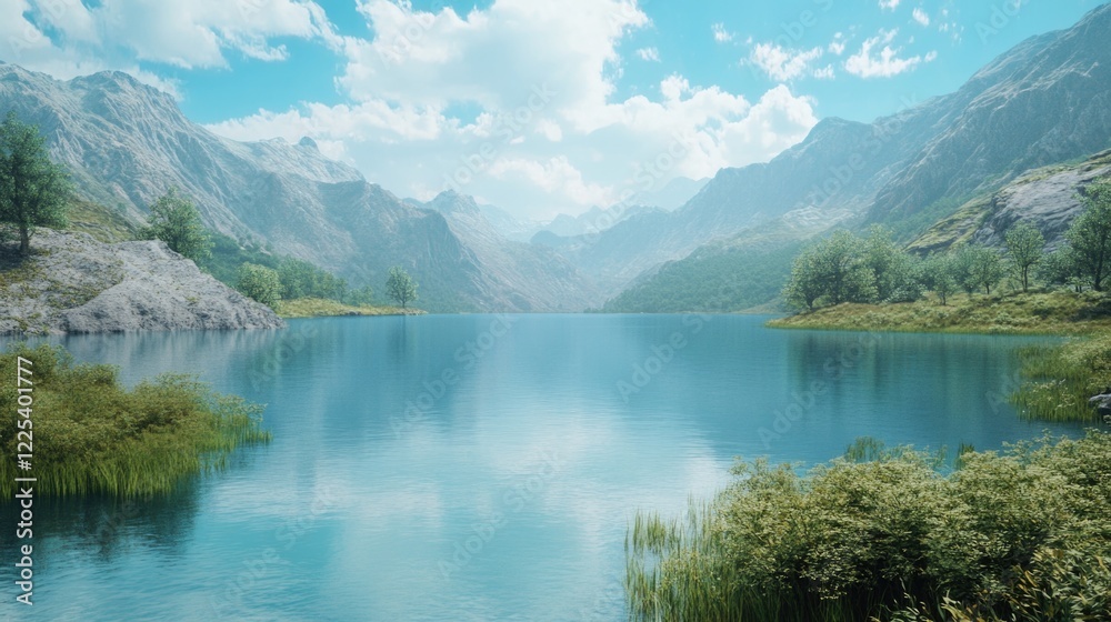 Tranquil mountain lake landscape featuring clear blue waters surrounded by majestic mountains and lush green vegetation under a bright blue sky Tranquil mountain lake landscape featuring clear blue waters surrounded by majestic mountains and lush green vegetation under a bright blue sky