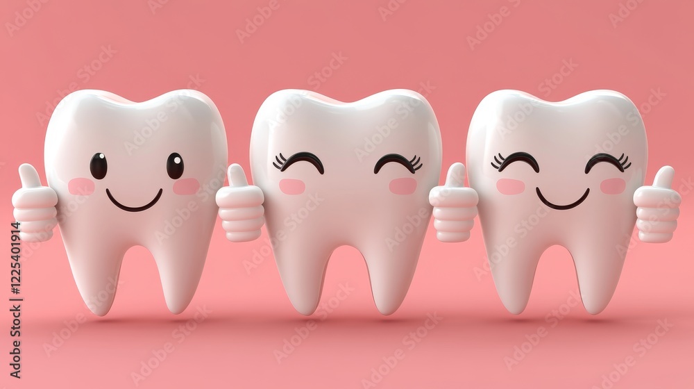 3D Happy White Teeth Giving Thumbs Up on Pink Background, Dental Care and Oral Hygiene Concept 3D Happy White Teeth Giving Thumbs Up on Pink Background, Dental Care and Oral Hygiene Concept