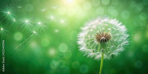 A lone dandelion seed head, surrounded by softly blurred green bokeh and several dispersing seeds, bathed in sunlight.