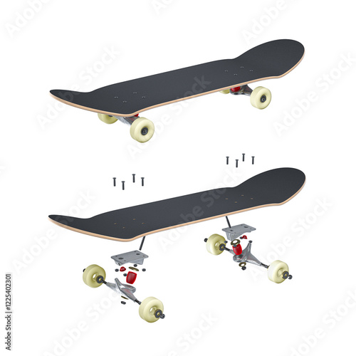 Exploded view of professional skateboard with all components in white background. 3d rendering.