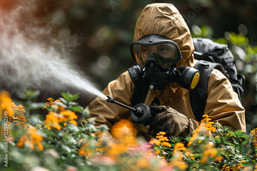 Close-up of a person wearing protective gear, including a hazmat suit, gas mask, and goggles generative AI photo