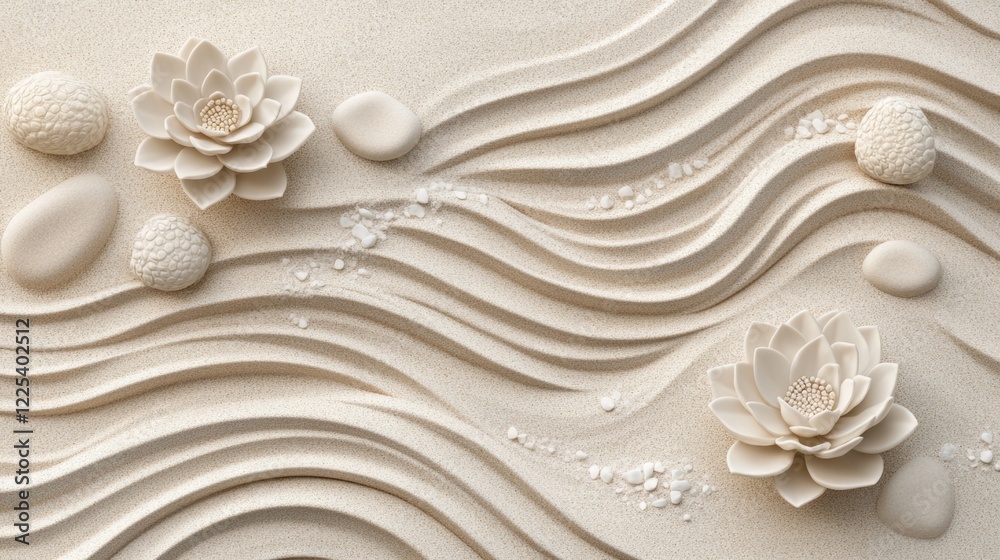 Tranquil Zen Garden with Flowing Sand Patterns, White Lotus Flowers, Smooth Pebbles, and Minimalist Design in Soft Beige Tones Tranquil Zen Garden with Flowing Sand Patterns, White Lotus Flowers, Smooth Pebbles, and Minimalist Design in Soft Beige Tones