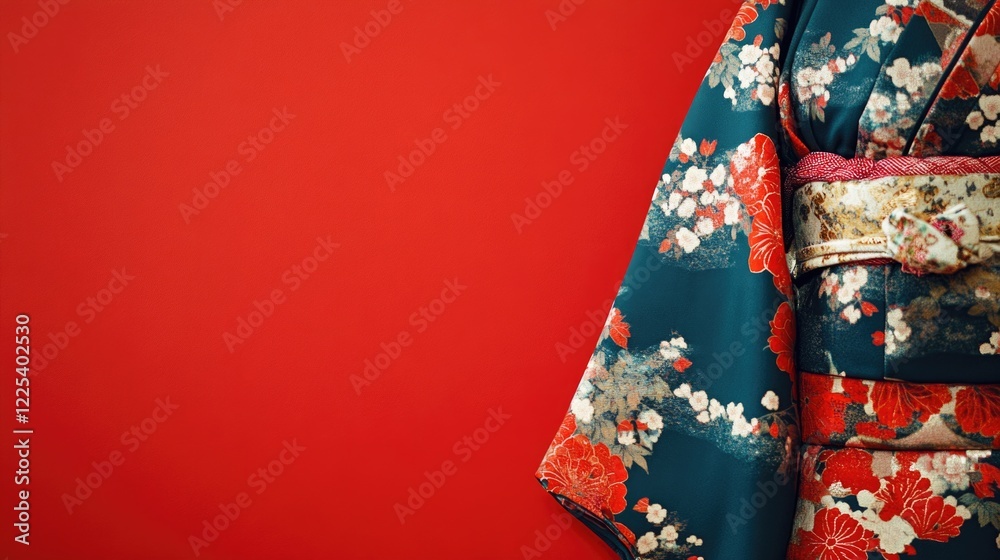 Traditional Japanese Haori Jacket in Dark Teal with Colorful Floral Patterns on Red Background Featuring Empty Copyspace for Text Traditional Japanese Haori Jacket in Dark Teal with Colorful Floral Patterns on Red Background Featuring Empty Copyspace for Text