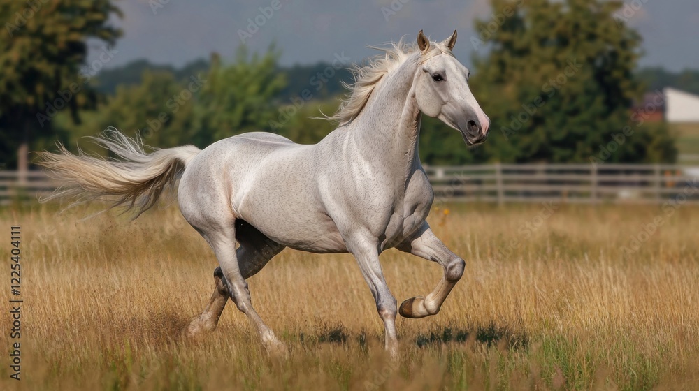 A majestic horse gallops through an open field. A majestic horse gallops through an open field.