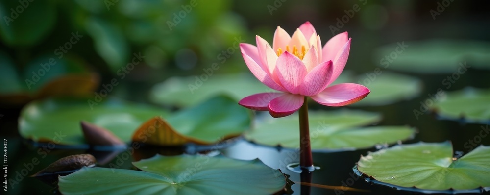 Twinkling water lily on a newly emerged alder stem, growth, aquatic plants Twinkling water lily on a newly emerged alder stem, growth, aquatic plants