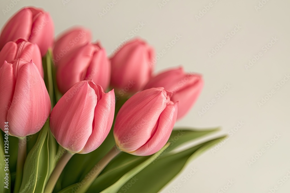 blurry close-up of vibrant pink tulips in decorative bouquet arranged elegantly on white surface under soft natural blurry close-up of vibrant pink tulips in decorative bouquet arranged elegantly on white surface under soft natural