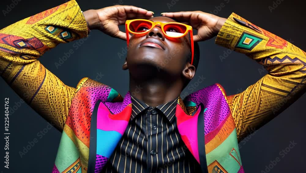 Young African American male models in vibrant attire. Stylish man in colorful jacket posing dramatically. Fashion-forward individual showcases unique style. The colorful ensemble emphasizes