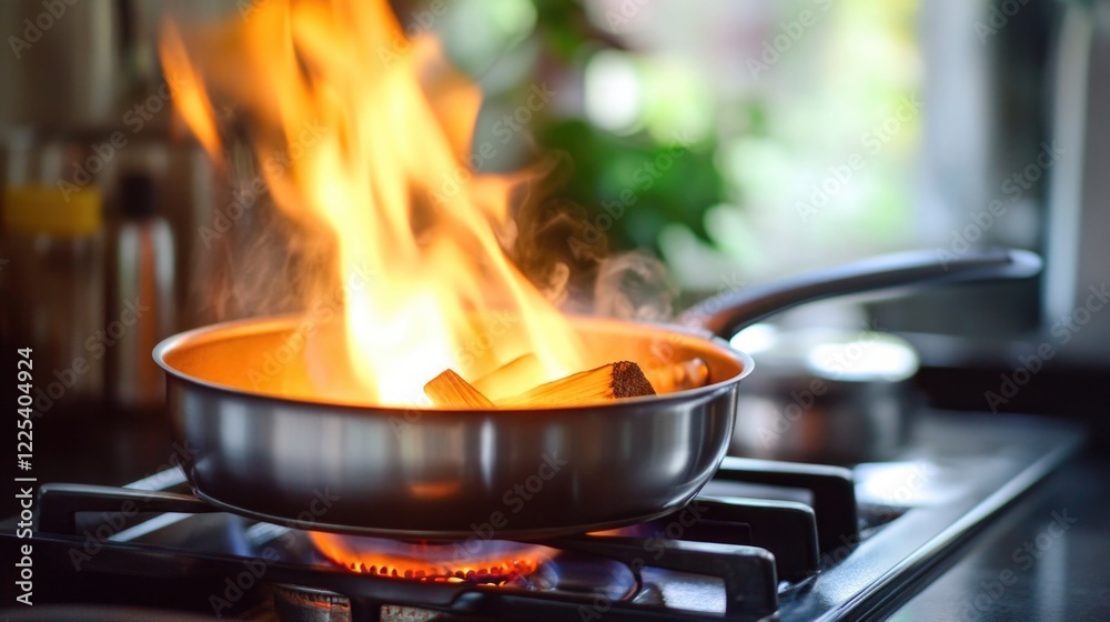 Close Up of Traditional Cooking Stove with Flames and Wood Burning in Silver Pan Against Green Natural Background with Empty Copy Space