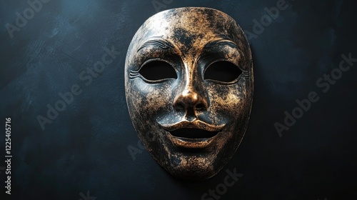 Bronze Theatrical Mask on Dark Background Symbolizing Comedy and Tragedy in Artistic Expression and Drama Conceptual Imagery photo