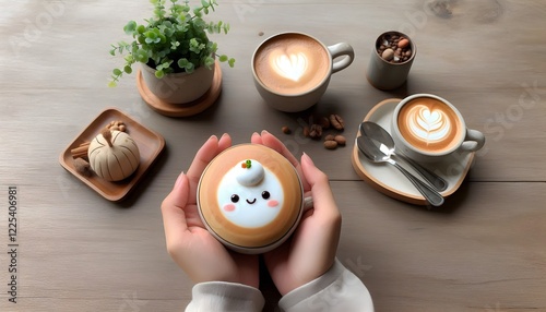 Two Hands Cradling a Cute Coffee Cup on the Table Enjoying a Quiet Moment