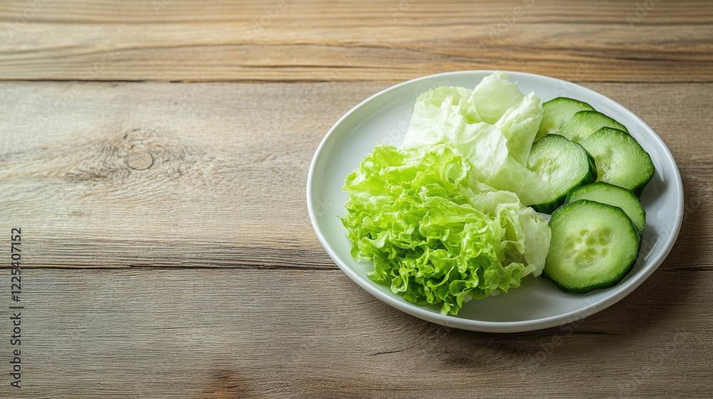 Fresh Green Ingredients on White Plate Featuring Lettuce and Cucumber Arranged on Wooden Table with Ample Copy Space for Text or Logo Fresh Green Ingredients on White Plate Featuring Lettuce and Cucumber Arranged on Wooden Table with Ample Copy Space for Text or Logo