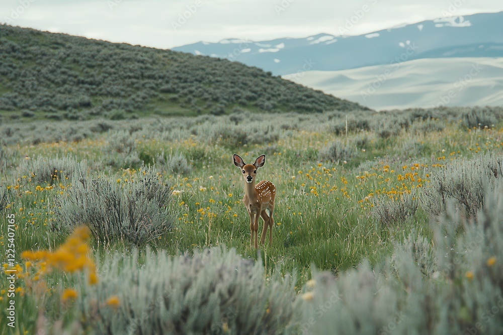 Fawn in the Meadow A young deer standing in a meadow surrounded by wildflowers Fawn in the Meadow A young deer standing in a meadow surrounded by wildflowers