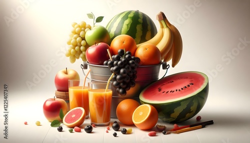 A Vibrant Fruit Basket Overflowing with Freshness Against a Crisp White Background