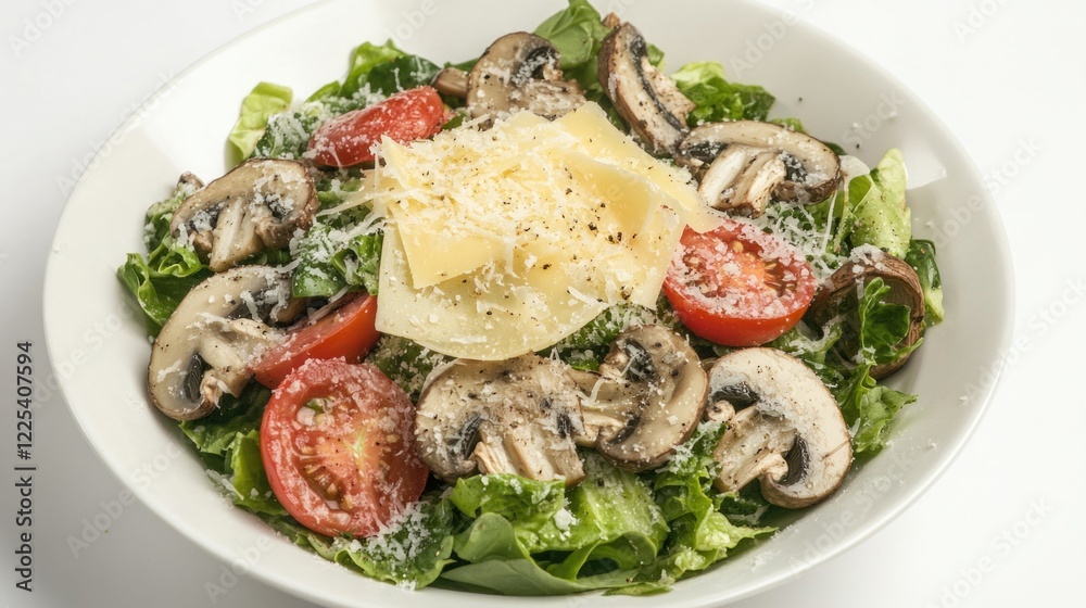 Fresh Green Salad with Parmesan Cheese, Sliced Mushrooms, Cherry Tomatoes, and Crisp Romaine Lettuce in a White Bowl Fresh Green Salad with Parmesan Cheese, Sliced Mushrooms, Cherry Tomatoes, and Crisp Romaine Lettuce in a White Bowl