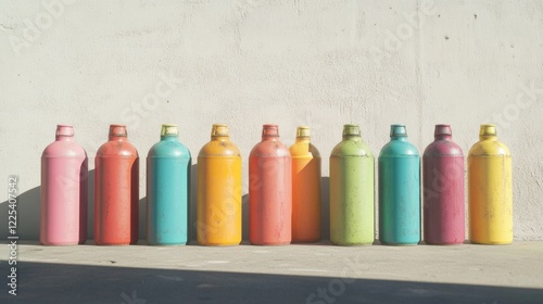 Vibrant Display of Colorful Spray Paint Cans in Shades of Pink, Red, Yellow, Green, and Blue Arranged in a Row Against a Light Gray Background