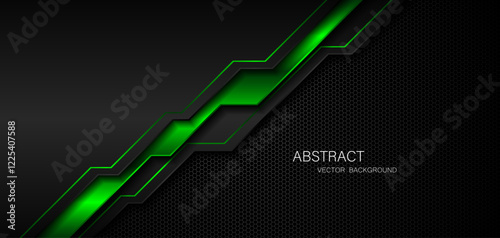 Abstract black and green polygon with green glow lines on dark steel mesh background with free space for design. modern technology innovation concept background	