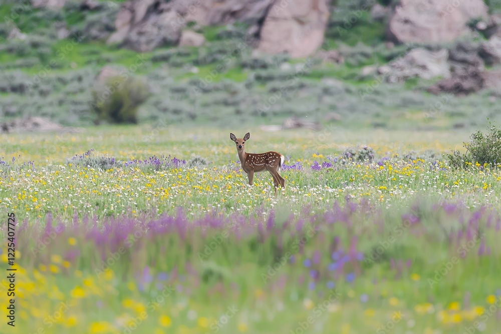 Fawn in the Meadow A young deer standing in a meadow surrounded by wildflowers Fawn in the Meadow A young deer standing in a meadow surrounded by wildflowers