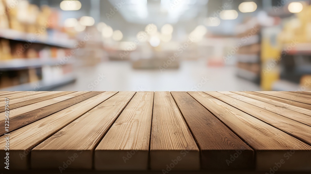 Empty wooden table top in a store with focus on the foreground and natural lighting for display purposes