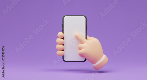 3D Render of Hand Using Smartphone with Blank Screen on Purple Background