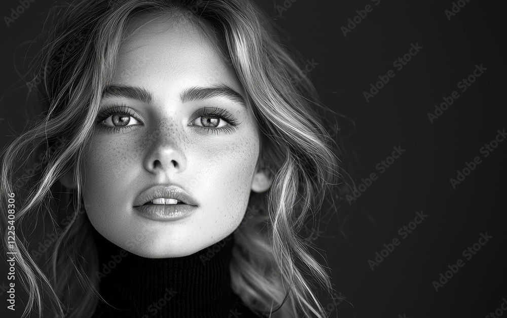 Captivating Minimalist Portrait of a Woman in a Black Turtleneck Striking Gaze and Monochrome Backdrop Captivating Minimalist Portrait of a Woman in a Black Turtleneck Striking Gaze and Monochrome Backdrop