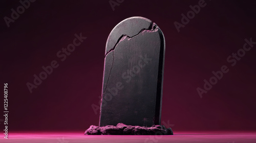 A lone gravestone with a small crack at the base, situated on a plain maroon background, minimalist style photo