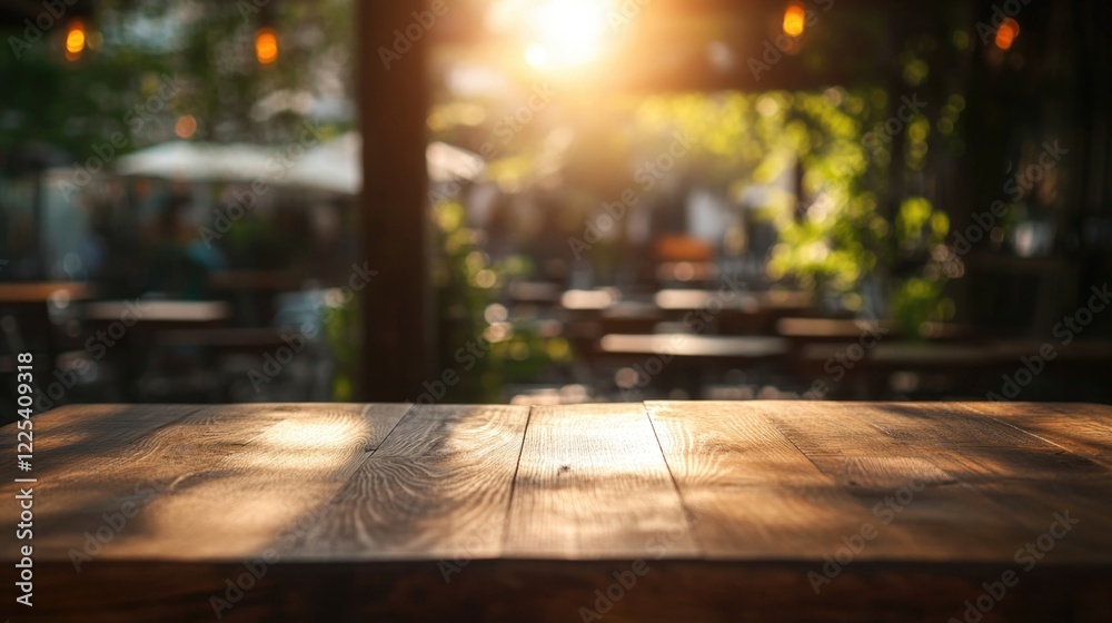 Wooden table illuminated by warm sunlight rays at a beachside restaurant with blurred summer ambiance and ample copy space for text Wooden table illuminated by warm sunlight rays at a beachside restaurant with blurred summer ambiance and ample copy space for text
