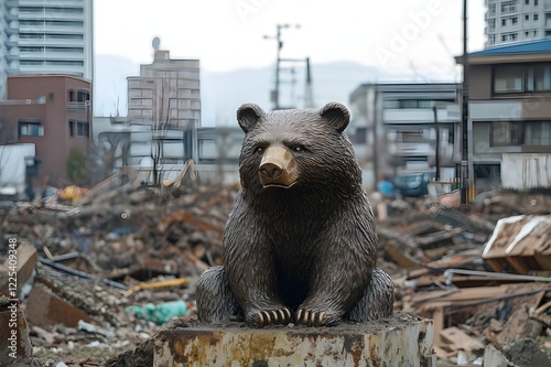 A bear statue in the middle of a collapsed building in a call to unity, reminding us that behind the destruction, there is hope and humanity photo