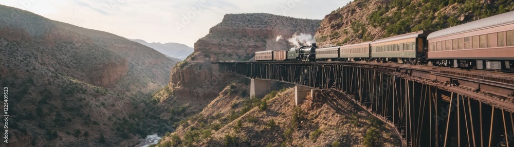 Fototapeta premium A scenic train journey crosses a bridge over a deep canyon.
