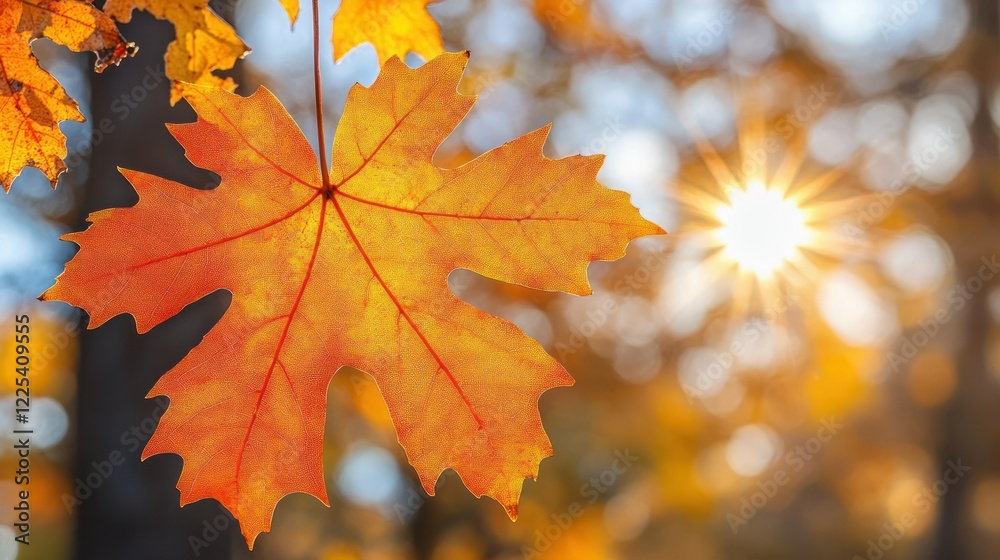 Obraz premium Autumn's Embrace: A Single Maple Leaf Basking in the Golden Sunlight