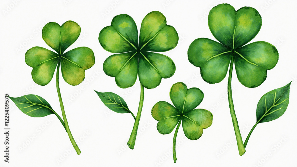 Hand-painted watercolor four-leaf clover on transparent background: Perfect for St. Patrick's Day marketing Hand-painted watercolor four-leaf clover on transparent background: Perfect for St. Patrick's Day marketing