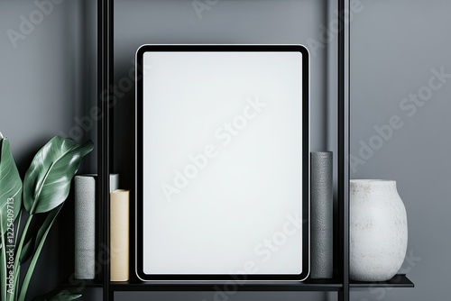 mockup blank white 3d tablet in vertical orientation set on bookshelf with artful decor and light ambient glow
