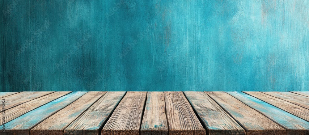 Fototapeta premium Aquamarine Abstract Light Background with Textured Wood Plank Flooring in Bright Room Setting Featuring Empty Copy Space for Text