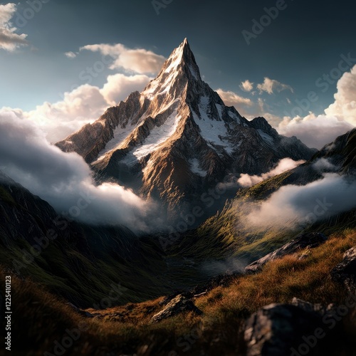 Majestic Mountain Summit, towering peak shrouded in swirling clouds, moody atmosphere, expansive view from above, nature's grandeur on display photo