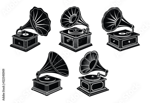 A Black Bundle Of Victrola Retro Bluetooth Speaker Silhouette On White Background. Ai Generated. 