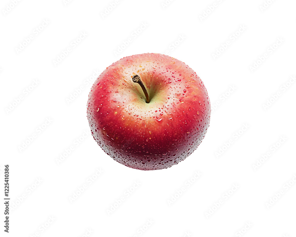 Red apple with a stem is sitting on a white background