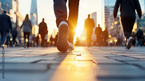 Person walking on sidewalk during sunset with blurred background of busy street and vehicles in motion