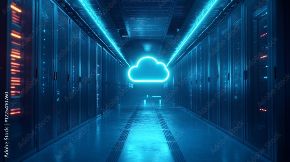 Fototapeta premium A glowing cloud icon in a modern data center, representing cloud computing and digital infrastructure.