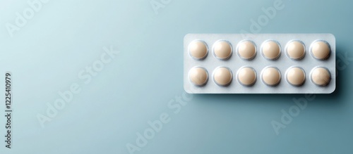 Medicine Blister Pack with White Pills on Soft Blue Background with Empty Copy Space for Text Representing Healthcare and Pharmaceuticals