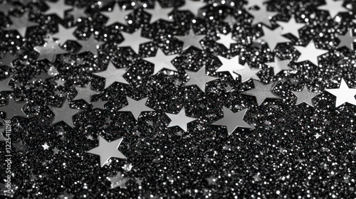 Black background with glittering silver stars, glittery and sparkly background with space for text, black and white, high resolution, high detail, hyper-realistic, stock photo style.