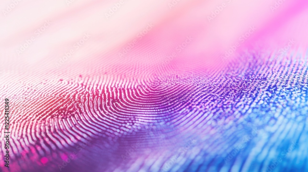Male fingerprint close-up on white background with abstract hues of pink and blue representing identity and security concepts. Male fingerprint close-up on white background with abstract hues of pink and blue representing identity and security concepts.