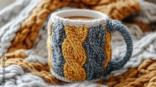 Cozy Knitted Mug with Hot Cocoa on Textured Knitted Blanket in Warm Tones of Brown and Gray Perfect for Autumn Comfort Scene