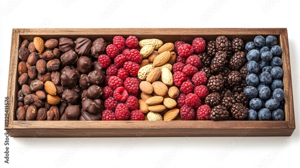 A collection of vegan chocolate-covered nuts and berries, placed in a wooden box, isolated on white A collection of vegan chocolate-covered nuts and berries, placed in a wooden box, isolated on white