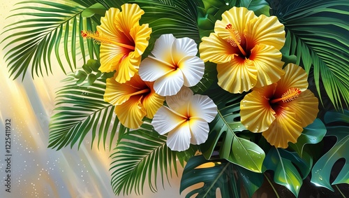 A vibrant tropical bouquet of yellow hibiscus, white plumerias, and palm fronds, set against a warm, creamy background, evokes the freshness of a tropical paradise with a touch of dew.
