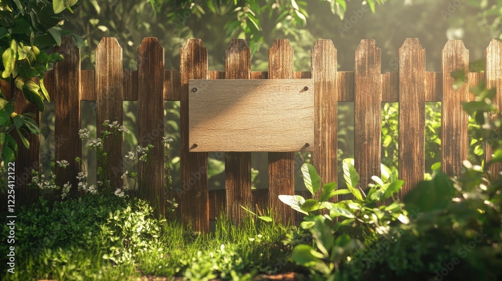 Obraz premium Rustic wooden fence with blank signpost bathed in warm sunlight, surrounded by vibrant greenery and lush foliage in serene farm environment
