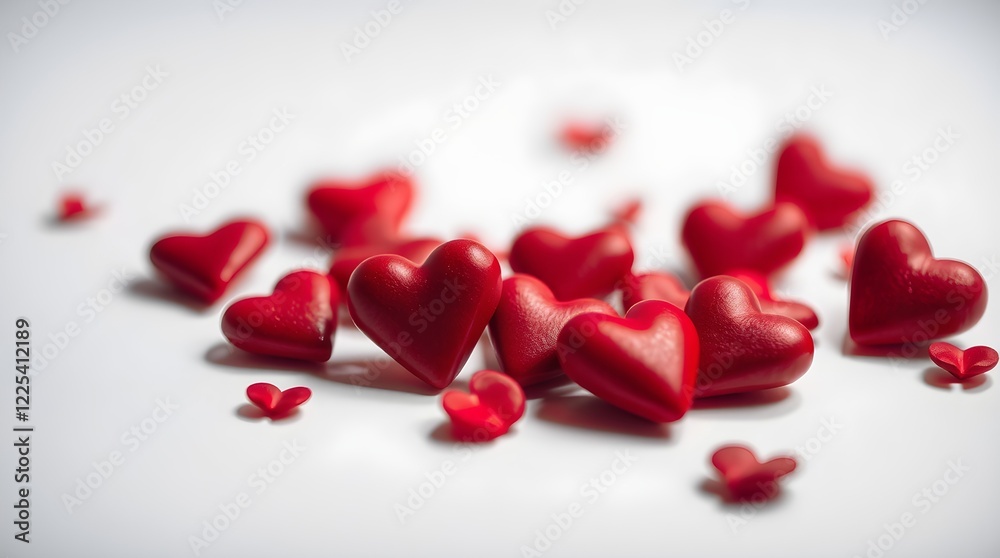 A Delicate Dance of Red Heart Petals Scattered on a Pure White Canvas with back space A Delicate Dance of Red Heart Petals Scattered on a Pure White Canvas with back space