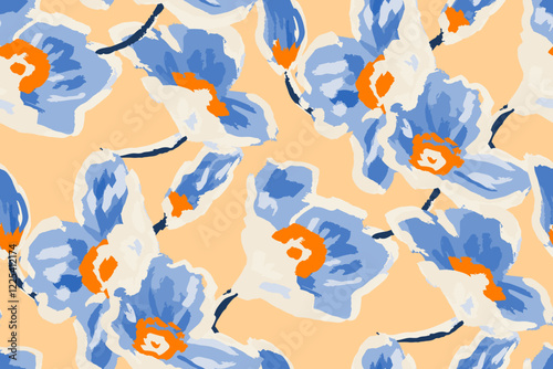 Abstract floral seamless pattern. Bright colors, gouache painting.hand drawn, not AI