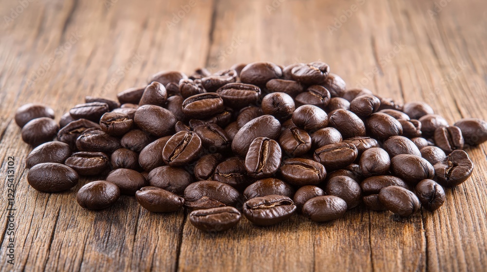 Naklejka premium Close up of dark roasted coffee beans piled on a wooden table showcasing rich color and texture detail