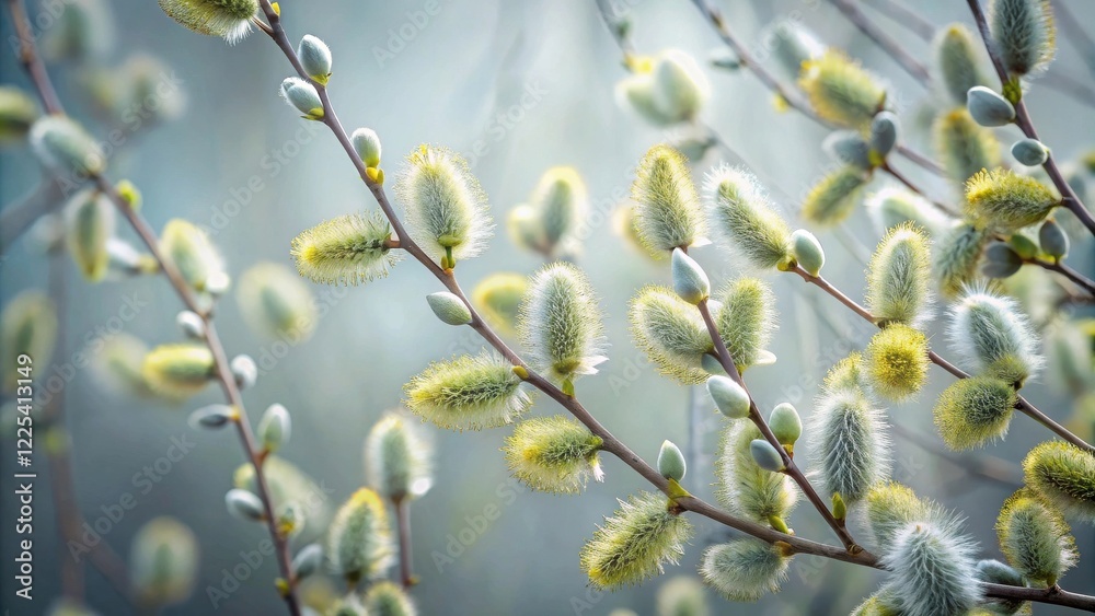Delicate Spring Blossoms on Willow Branches, a Close-Up View of Fuzzy Catkins in Soft Light Delicate Spring Blossoms on Willow Branches, a Close-Up View of Fuzzy Catkins in Soft Light