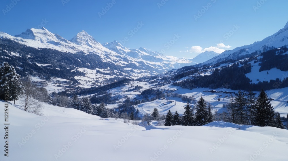 Snow covered alpine valley nestled amongst majestic mountains Snow covered alpine valley nestled amongst majestic mountains